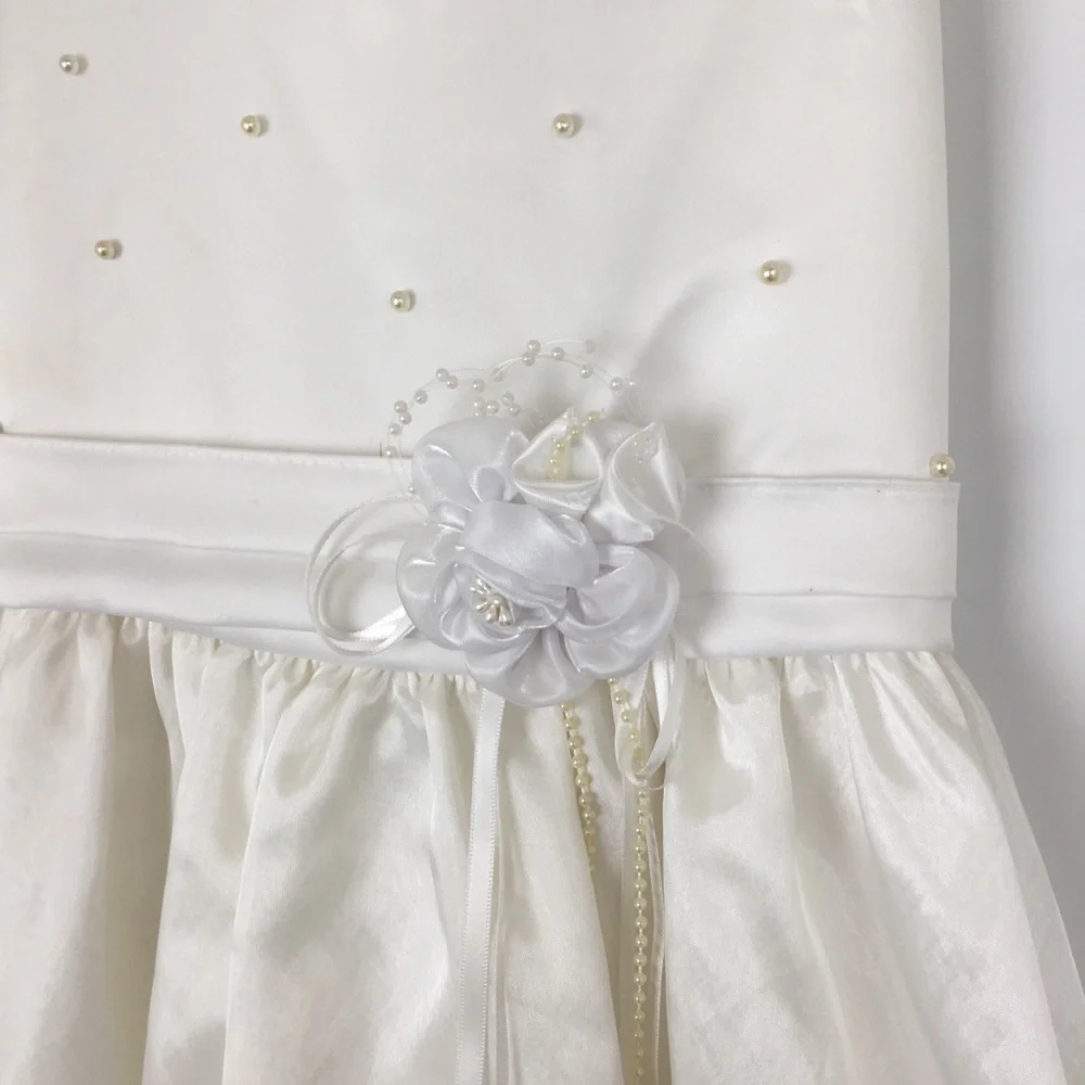 First Communion Dress White Sheer Satin Overlay Tank Pearl Flower Appliqué Sz 10